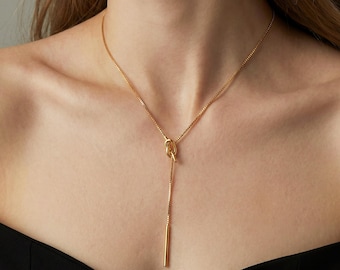 Adjustable Gold Lariat Necklace, Silver Bolo Y Necklace, Slip Chain No Clasp, Love-knots Jewelry