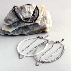 Layered Moonstone Bracelet with Sterling Silver Chain, Black White Gray Natural Gemstone Double Strand Adjustable Bracelet, Minimalist Gift