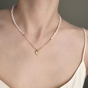 Gold Heart Pendant Necklace: Baroque Pearl Sterling Silver Chain
