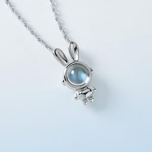 Sterling Silver Moonstone Necklace: Bunny Astronaut Pendant