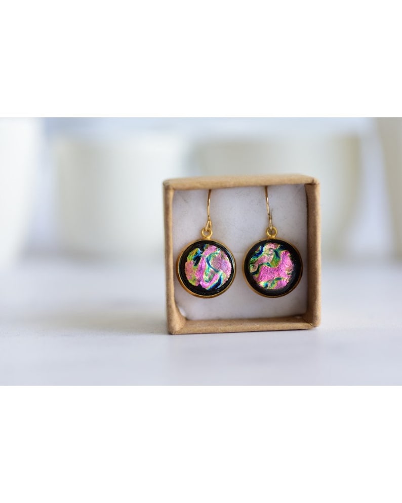 Pink Gold  Dangle Earrings Fused Dichroic Glass Earrings Handcrafted Earrings Bride Earrings Birthday Gift\u00a0For Her Weddings