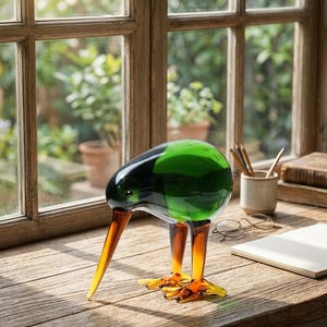 Figura de pájaro kiwi de vidrio soplado a mano, escultura artística de ámbar verde, decoración natural para el hogar.