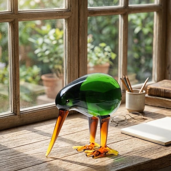 Hand Blown Glass Kiwi Bird Figurine, Green Amber Art Sculpture, Nature Home Decor