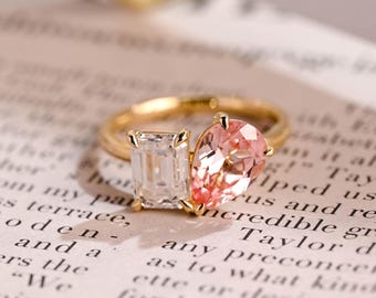 Solid Gold Toi et Moi Ring, Emerald Cut Moissanite & Pear Cut Pink Sapphire Engagement Ring