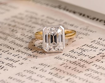 Solid Gold Two Tone Emerald Cut Moissanite Engagement Ring Bezel Set, Solitaire Ring Cathedral Set