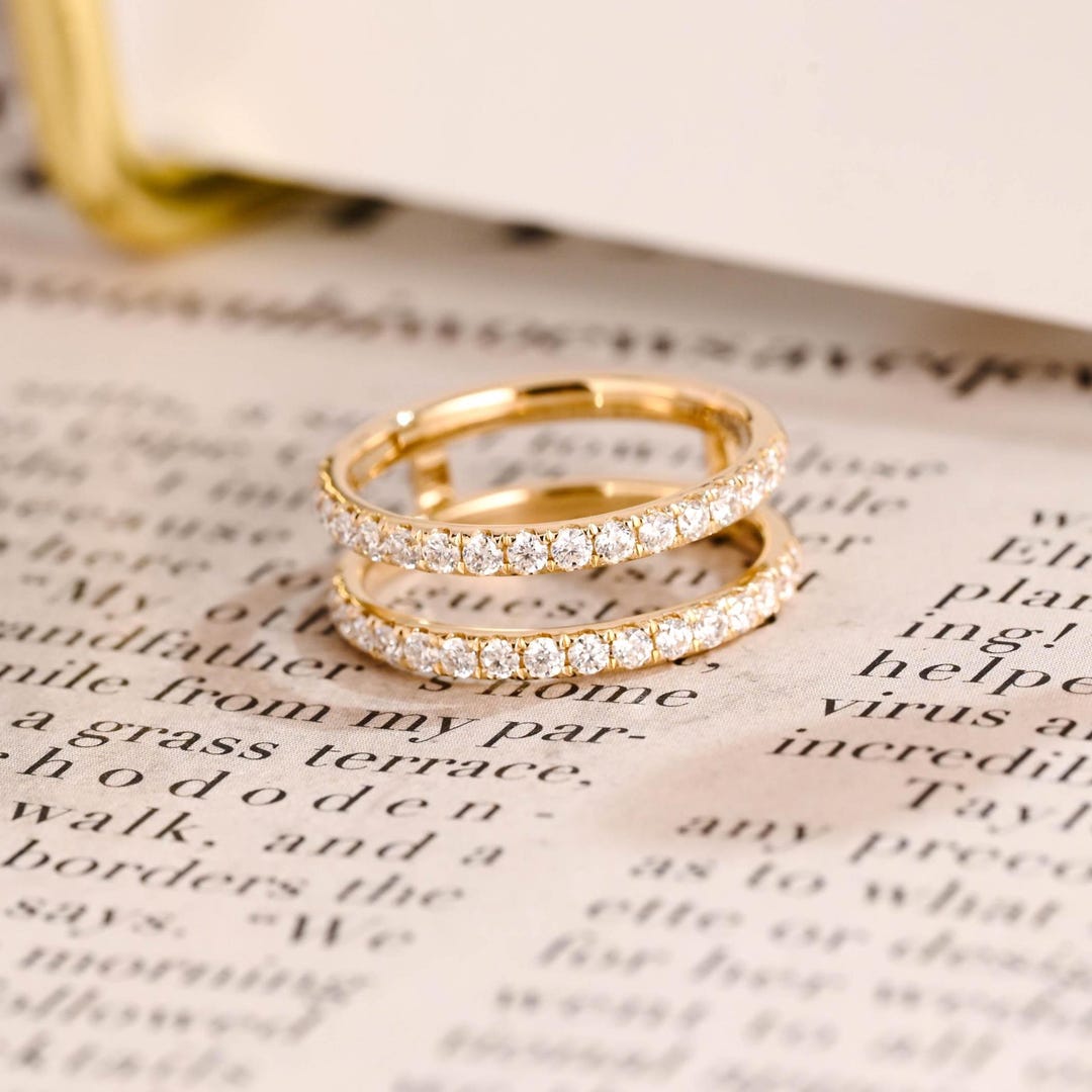 Solid Gold Half Eternity Round Cut Moissanite Wedding Band Double Band ...