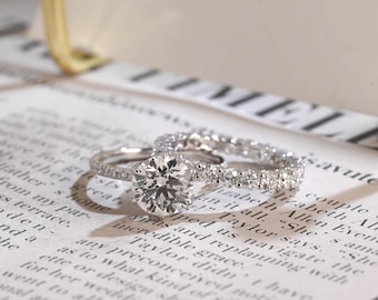 Conjunto de anillo de compromiso Tulip IGI certificado de media eternidad con diamante de talla redonda, oro macizo D/VS1.