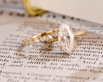 Zestaw pierścionków zaręczynowych z litego złota z moissanitem w szlifie markizowym, zestaw Cathedral Bridal, pełna obrączka ślubna Eternity