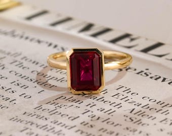 Solid Gold Solitaire Emerald Cut Ruby Engagement Ring Bezel Set