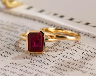 Solid Gold Solitaire Emerald Cut Ruby Engagement Ring Set, Bridal Set, Plain Wedding Band