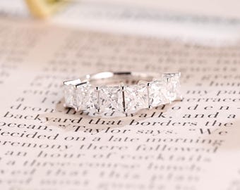 Solid Gold Half Eternity Princess Cut Moissanite Wedding Band, Stackable Ring