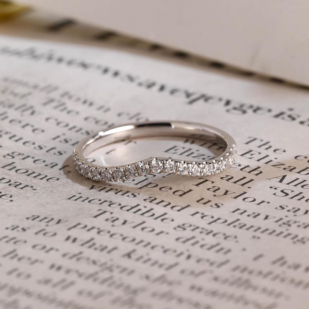 Solid Gold Half Eternity Round Cut Diamond Wedding Band Curved Ring ...