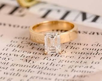Solid Gold 4mm Width Emerald Cut Moissanite Engagement Ring, Solitaire Ring