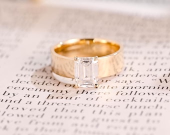 Solid Gold 5mm Width Emerald Cut Moissanite Engagement Ring, Solitaire Ring