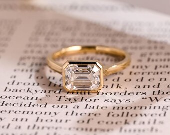 Solid Gold East West Emerald Cut Moissanite Engagement Ring Bezel Set, Solitaire Cathedral Ring