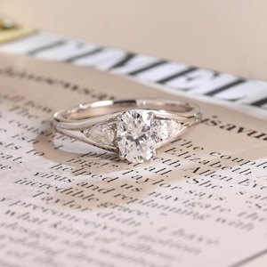 Solid Gold Hidden Halo Oval Cut Moissanite Engagement Ring Split Shank, Three Stone Ring