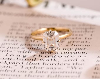 Solid Gold Solitaire Emerald Cut Moissanite Engagement Ring Compass Set