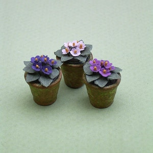 Kit for 3 African Violets Paper Flower for 1/12th scale Dollhouses, Florists and Miniature Gardens