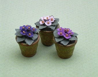 Kit for 3 African Violets Paper Flower for 1/12th scale Dollhouses, Florists and Miniature Gardens