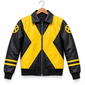 May include: A black and yellow jacket featuring a prominent X-shaped design across the front. The jacket has a black collar, a central silver zip, and black sleeves with two yellow stripes near the cuffs. A yellow circular X logo is on each shoulder.