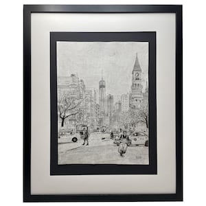 Manhattan New York  [L] * Handgezeichnetes Originalkunstwerk Zeichnung Bleistift Graphit auf Baumwollpapier in Holzrahmen 53cm x 43cm