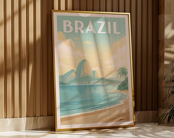 Brazil Travel Poster – Vintage Rio de Janeiro Wall Art Print, Sugarloaf Mountain Digital Download, Retro Brazil Landscape Aesthetic, A2 Size