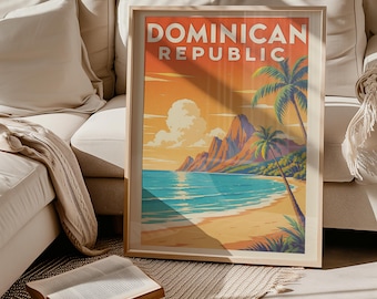Dominikanische Republik Retro Reiseposter - A2 Vintage Wand Kunstdruck, 1950er Jahre inspirierter digitaler Download, Karibik Mid-Century Dekor