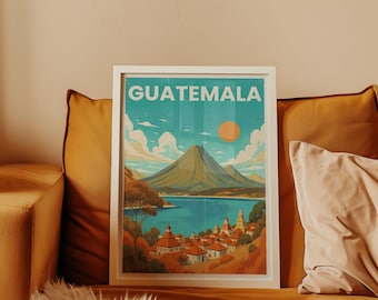 Guatemala Travel Poster A2 | Retro Lake Atitlán Digital Print | Vintage Guatemala Wall Art | South America Printable Decor
