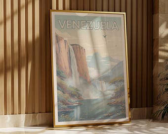 Venezuela Travel Poster – Angel Falls Wall Art, Vintage Landscape Printable, A2 Digital Download, Pastel Jungle Waterfall Decor