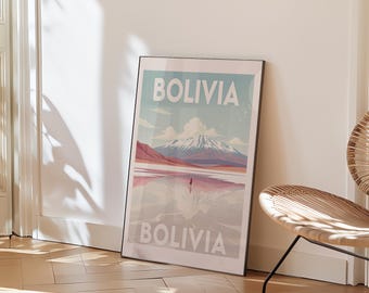 Bolivia Travel Poster Digital Download | Salar de Uyuni Wall Art | Andes Mountain Print | Vintage Landscape Printable | South America Decor
