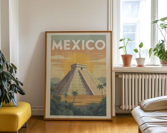 May include: A framed poster with the word "MEXICO" at the top. The poster features a colorful illustration of a pyramid with a large sun in the background, palm trees, and lush green vegetation. The poster is displayed in a room with a yellow ottoman and a window.