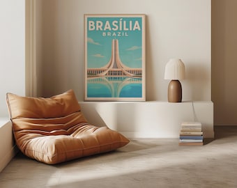Brazil Travel Poster, Brasília Retro Print, A2 Modernist Wall Art, National Congress, 1950s Vintage Digital Download Poster