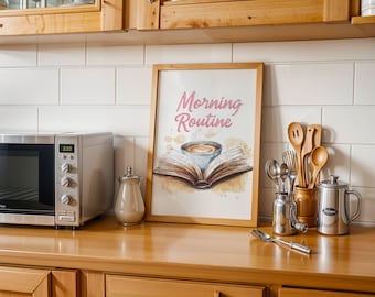Stampa ad acquerello "Libro e caffè": un'accogliente routine mattutina (download digitale)