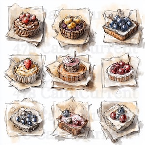 Bakery Sketch Clipart Bundle - Cute Pastry, Tart, Bread, Coffee Doodles - PNG JPG Download