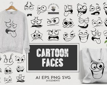 Cartoon Faces Bundle | 300 DPI JPEG | Transparent PNG | 1200 x 1300 Pixels  | Digital Download | 24 High-Quality Designs
