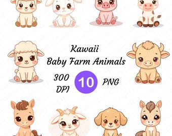 Kawaii Farm Animal Clipart | 300 DPI JPEG | Transparent PNG | 4200 x 4200 Pixels | 14 x 14 Inches | Digital Download | 10 High-Quality