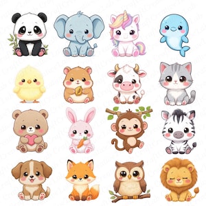 Kawaii Animal Clipart | 300 DPI JPEG | Transparent PNG | 4200 x 4200 Pixels | 14 x 14 Inches | Digital Download | 20 High-Quality Designs