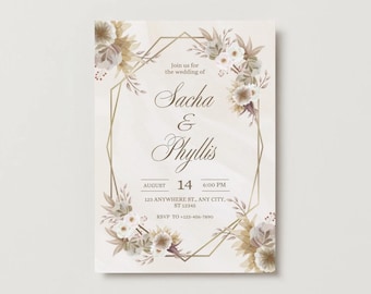 Beige and Brown Rustic Floral Wedding Invitation| Editable in Canva | Instant Download
