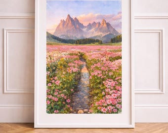 Alpine Meadow Watercolour Wall Art Printable | Mountain Landscape Digital Print | Wildflower Field Art