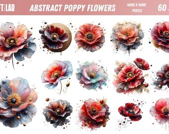 Abstract Poppy ClipArt | 300 DPI JPG | Transparent PNG | 4096 x 4096 Pixels | 14 x 14 Inches | Digital Download | 60 High-Quality Designs