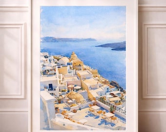 Santorini Greece Watercolour Print | Coastal Mediterranean Wall Art | Greek Island Printable Art | Travel Poster Digital Download
