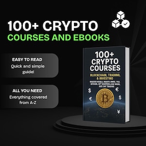 Op de afbeelding: Een boek met de titel "100+ Crypto Courses" en de ondertitel "Blockchain, Trading, & Investing". De omslag toont een gouden Bitcoin-munt en valutasymbolen. De achtergrond is donker met witte tekst.