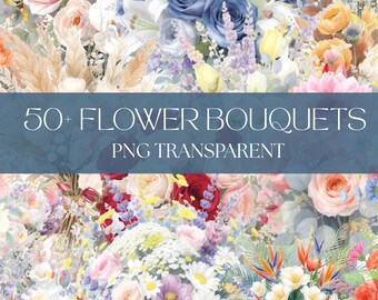 Flower Bouquet Bundle | 300 DPI JPEG | Transparent PNG | 4200 x 4200 Pixels | 14 x 14 Inches | Digital Download | 50 High-Quality Designs