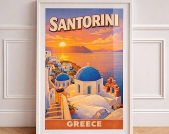 Santorini Greece Travel Poster Printable Wall Art | Retro Sunset Greek Island Print | Mediterranean Vacation Decor | 2:3 Digital Download