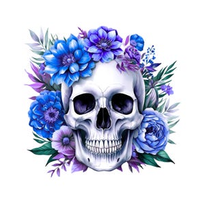 Pode incluir: Ilustração detalhada de uma caveira humana adornada com vibrantes flores e folhagens azuis e roxas. A caveira é branca, com órbitas escuras e uma dentição completa. As flores são uma mistura de dálias azuis e outras flores, com detalhes roxos.
