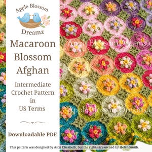 May include: A crochet pattern for a colorful macaroon blossom afghan. The pattern is intermediate level and written in US terms. The pattern is downloadable as a PDF. The pattern was designed by Astri Elizabeth, but the rights are owned by Helen Smith.
