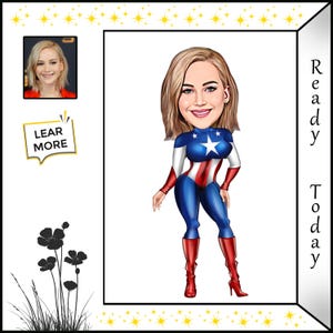 Caricatura di Capitan America donna - Supereroina rossa, bianca e blu - Arte digitale personalizzata - Supereroina donna forte - Eroe patriottico