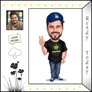 Funny Caricature Cartoon Illustration - Smiling Dude in Cap, Peace Sign, Weed, T-Shirt, Jeans & Sneakers - Casual Custom Art Gift