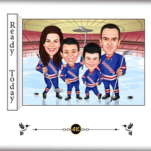 Custom Hockey Family Caricature Cartoon - Personalized Team Portrait, Rangers Fans, Ice Rink Fun - Unique Sports Gift for Hockey Lovers