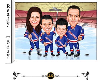 Custom Hockey Team Caricature Personalized Family Portrait Art